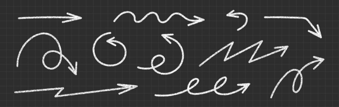 Hand drawn arrow set with rough brush strokes and sketch element. Crayon scribble texture. Doodles with chalks. Pastel pencil. Curved and swirl arrows. Vector illustration