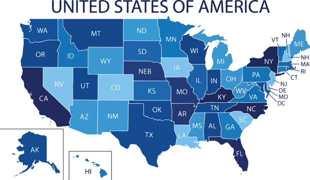 Blue vector map of the United States with state abbreviations