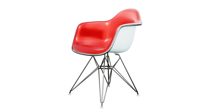 Angled View of Mid-Century Modern Red and White Plastic Armchair on Transparent Background