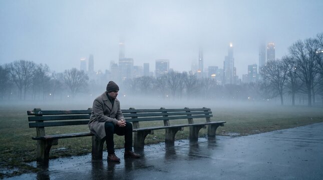 A solitary man sits on a park bench in a foggy city, contemplating life amidst the urban landscape