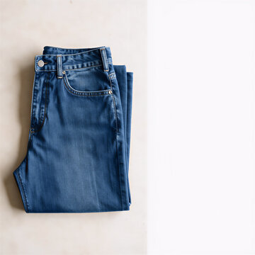 Folded Medium Wash Blue Denim Jeans Flat Lay on Cream Background with Copy Space &mdash; Casual Fashion Product Shot