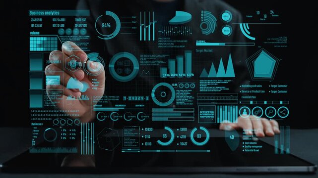 A professional analyzing business data through an interactive digital interface, showcasing various graphs and metrics in a modern workspace setting. Cipher