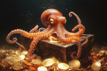 Obraz premium Curious octopus exploring sunken treasure in underwater adventure scene