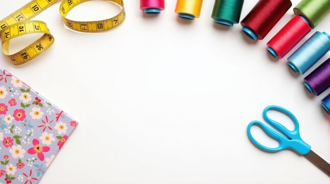 Overhead view of sewing supplies including thread spools fabric scissors measuring tape with flat lay scissors crafting material supplies needlework quilting tailoring handmade