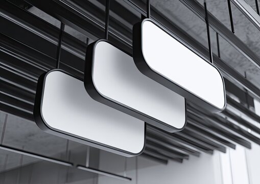 Three blank, rounded rectangular digital displays suspended from a ceiling grid