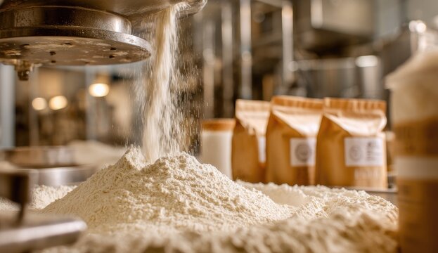 Fine white powder cascades from machinery onto a growing mound in a food production facility