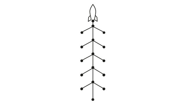 Minimalist vector illustration of a rocket ship launching from a branching network tree structure, symbolizing business growth, startup success, technology innovation, and strategic progress.