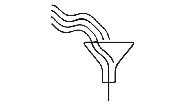 Minimalist vector icon illustration of a funnel with wavy sound waves or data streams flowing into it, representing data filtering, processing, conversion, and optimization for business.