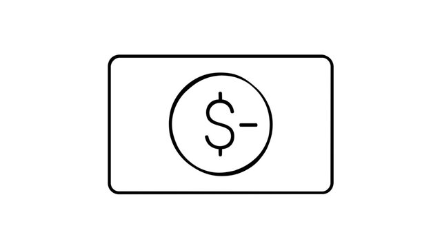Minimalist black and white vector illustration of a rectangular product tag icon with a dollar sign symbol inside a circle, ideal for e-commerce, retail pricing, and business finance applications.