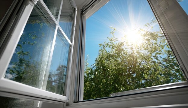 Sunlight streams through an open window into a room, illuminating lush green trees