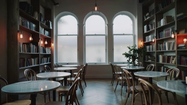 Empty cozy European jazz cafe interior by tall windows