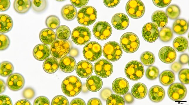 3D Illustration of Microalgae Cells Storing Lipid Oil Droplets for Biofuel