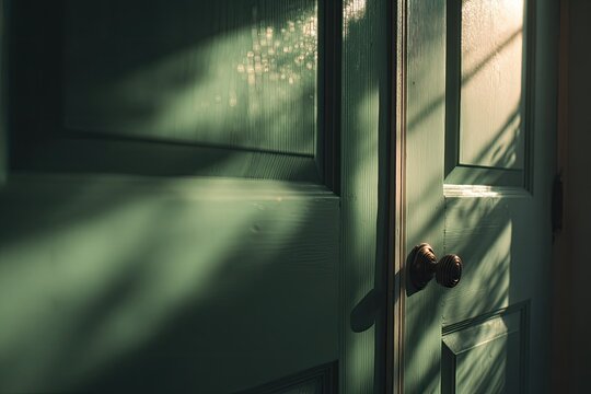 Sunlight streams through a door, casting dappled shadows and highlighting a tarnished knob