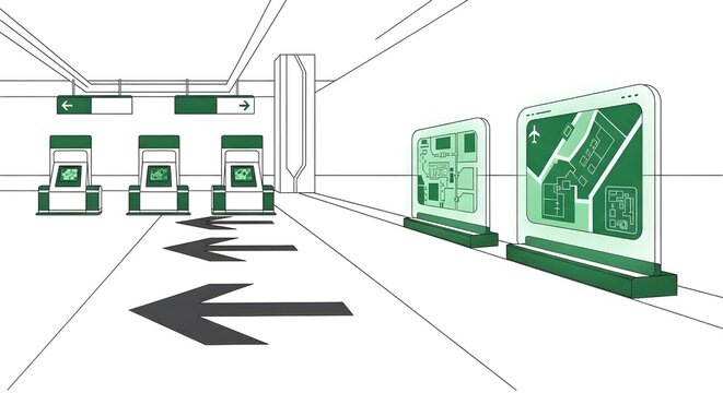 Futuristic Airport Terminal Illustration with Digital Wayfinding Screens and Self-Service Kiosks