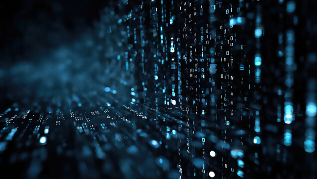 Abstract digital rain of glowing blue and white binary code streams