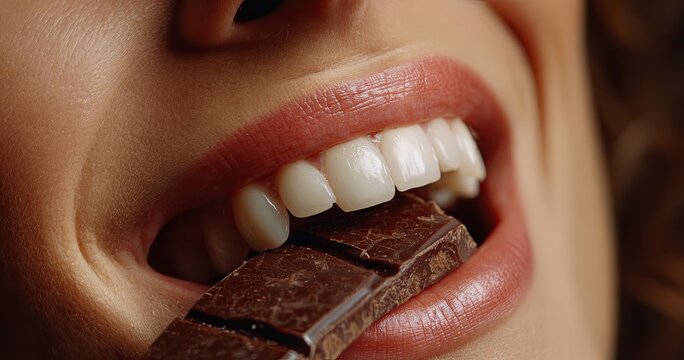 Close-up of a person biting into a rich, dark chocolate bar