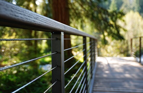 Modern wooden walkway with cable railing traverses a lush forest
