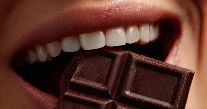 Close-up of a mouth biting into a dark chocolate bar, revealing white teeth