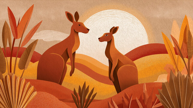 Two kangaroos standing in a colorful landscape at sunset  