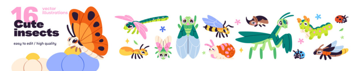 Cute insects set. Different funny bugs with flowers. Happy beetles, bees, colourful butterflies and moths, kawaii dragonflies, mantis, ladybugs. Flat isolated vector illustrations on white background © Paper Trident