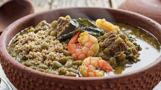 Delicious Gumbo with Shrimp and Meat in a Rustic Bowl.