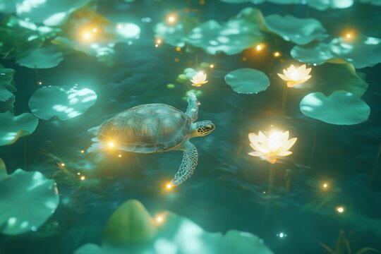 Enchanting underwater turtle world with glowing aquatic plants and dreamlike atmosphere