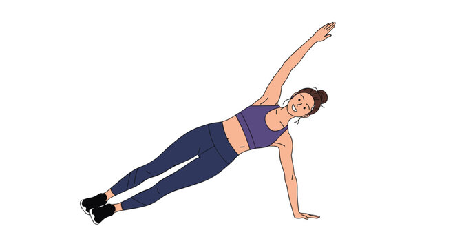 Fit young woman performing a side plank yoga pose for core strength and balance during her home fitness workout routine.