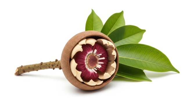 Close-up of a Cutered Cannonball Fruit with Flower and Leaves on White Background