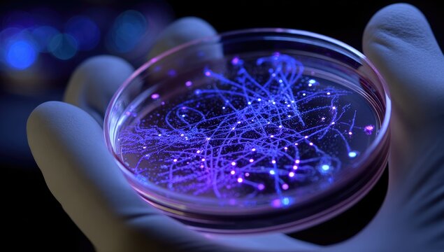Gloved hand holds petri dish with glowing blue microscopic fibers and particles