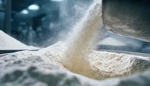 Fine white powder cascades from an industrial chute into a textured pile