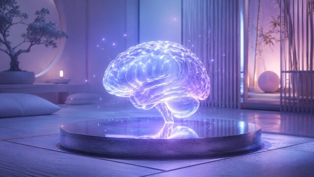 3D Glowing Human Brain Hologram on Pedestal in Zen Meditation Room Concept
