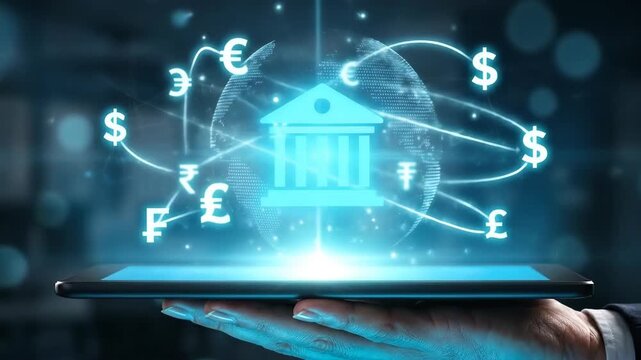Digital banking online finance bank icon money transfer currency symbol mobile payment fintech global economy Inflation crisis global economic recession, risk bankruptcy, struggle, poverty