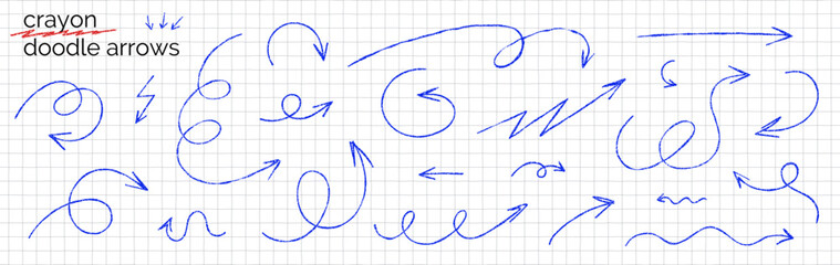 Blue chalk hand drawn arrows set. Crayon or pen texture. Doodle pointer elements with thin curved, twisted and rounded lines. Sketch, scribble or scrapbook style. Vector illustration © accogliente