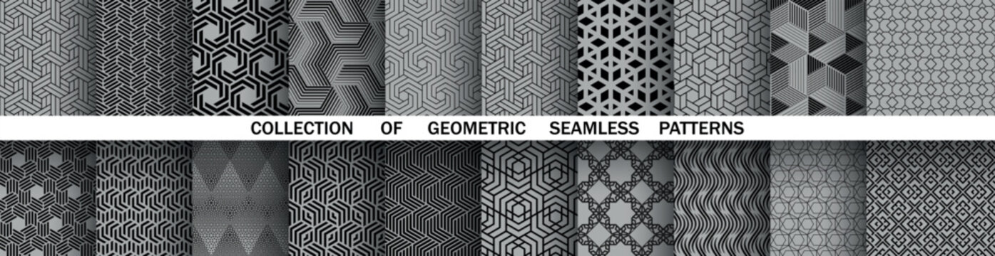 Geometric set of seamless black and gray patterns. Simple vector graphics