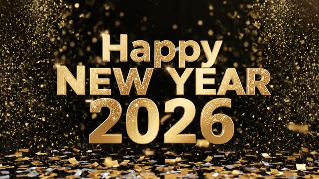 Golden confetti falls around large text reading Happy New Year 2026, creating a festive atmosphere with shimmering particles and a dark background