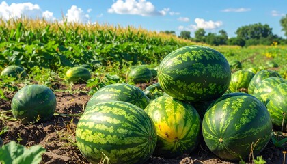 Ripe Green Watermelon Harvest Growing in Sunny Agricultural Field