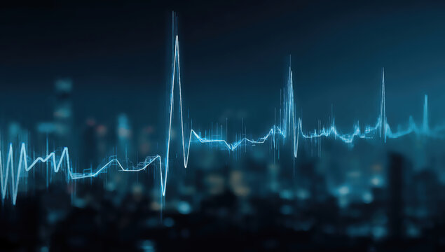 A glowing blue heartbeat waveform overlays a blurred cityscape at night