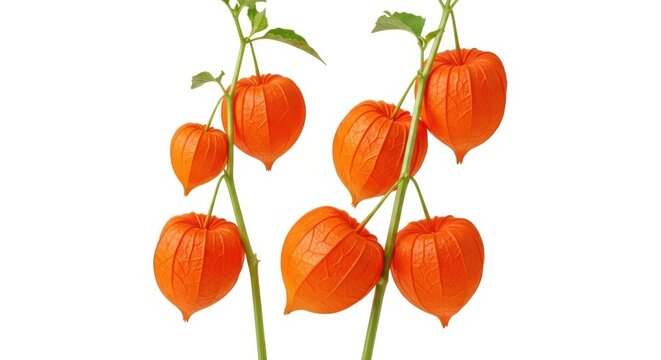 Chinese Lanterns Plant Festive Orange Pods on Stem with Green Leaves Isolated