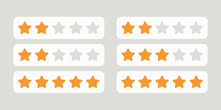 Product rating icon set, gold star review icons for user feedback rating system app interface UI UX elements and modern web banner design.