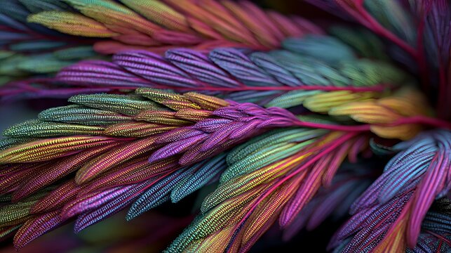 Macro close up of a vibrant fern leaf showing intricate textures and brilliant iridescent rainbow colors
