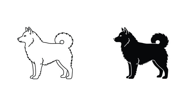 Samoyed dog breed icon set in black and white line art for pet branding and canine design projects