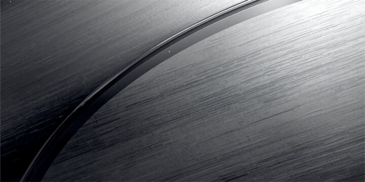 An abstract brushed silver metallic plate texture featuring a shiny stainless steel pattern reminiscent of a grey vinyl record disc or aluminum LP
