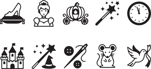 Naklejka premium Cinderella Fairy Tale Icon Set, Magic Princess Story Symbols, Black and White Flat Design, Glass Slipper Pumpkin Carriage and Castle Illustrations