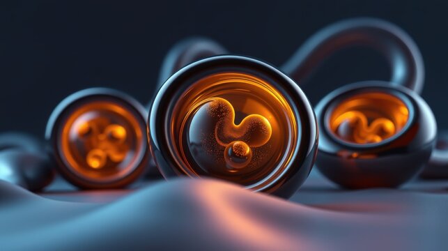 Glowing orange orbs within dark metallic casings. Smooth curves, reflective surfaces, futuristic design. Dramatic lighting creates intense contrast.