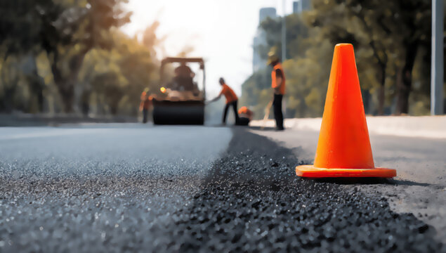 Road repair crew works on freshly laid asphalt with a steamroller and orange cone