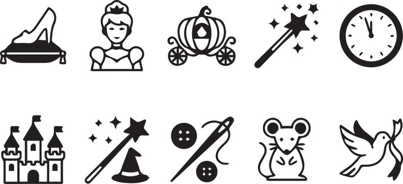 Cinderella Fairy Tale Icon Set, Magic Princess Story Symbols, Black and White Flat Design, Glass Slipper Pumpkin Carriage and Castle Illustrations
