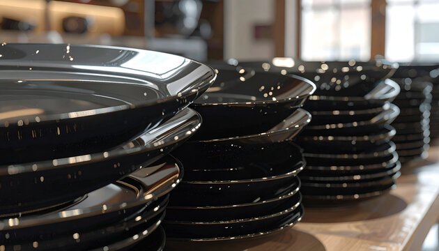 Stack of Black Enamelware Plates with White Speckles.