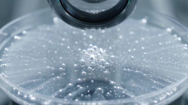 Lab microscope lens focusing on a petri dish with rapidly multiplying bright cells.
