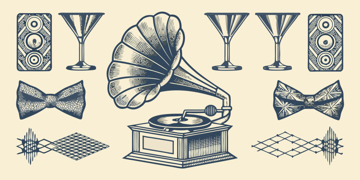 vintage gramophone and accessories art deco style illustration