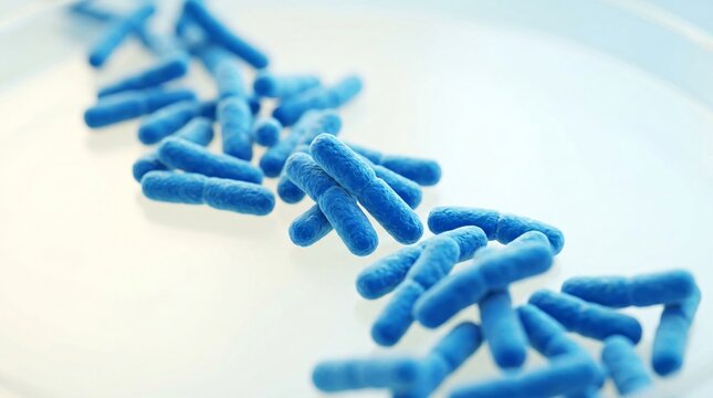 Microscopic blue bacilli bacteria in a petri dish. Laboratory analysis of infectious microorganisms. Biology research and medical study of pathogen, virus, and bacterial infection.